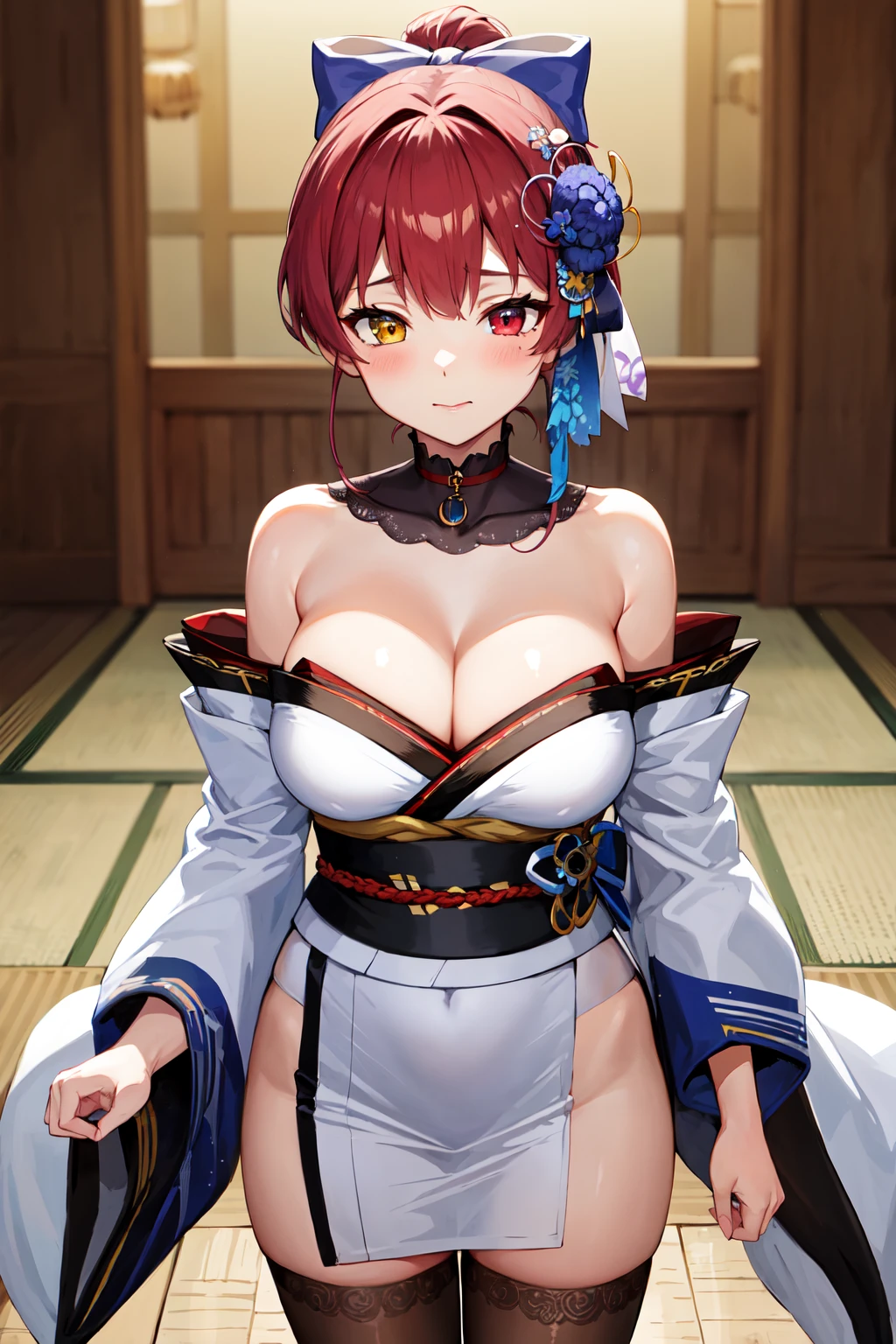 Highest quality, masterpiece , wallpaper, beautiful girl, Highly detailed eyes and face, Beautiful attention to detail, Blue Eyes , Beautiful dark red hair ,crisp finger, clear background, deep night, 20-year-old , Large Breasts、Nipples   , Hairstyle Two Side Up , Mole on cheek , Ahegao , Ecstasy face , Fatty face , Sticking out tongue  , Drooling from the mouth , Nakano Nino   , Lots of sweat . sexy pose , Costume Bra  , open vagina by two finger  , garter belt , Pose to invite men