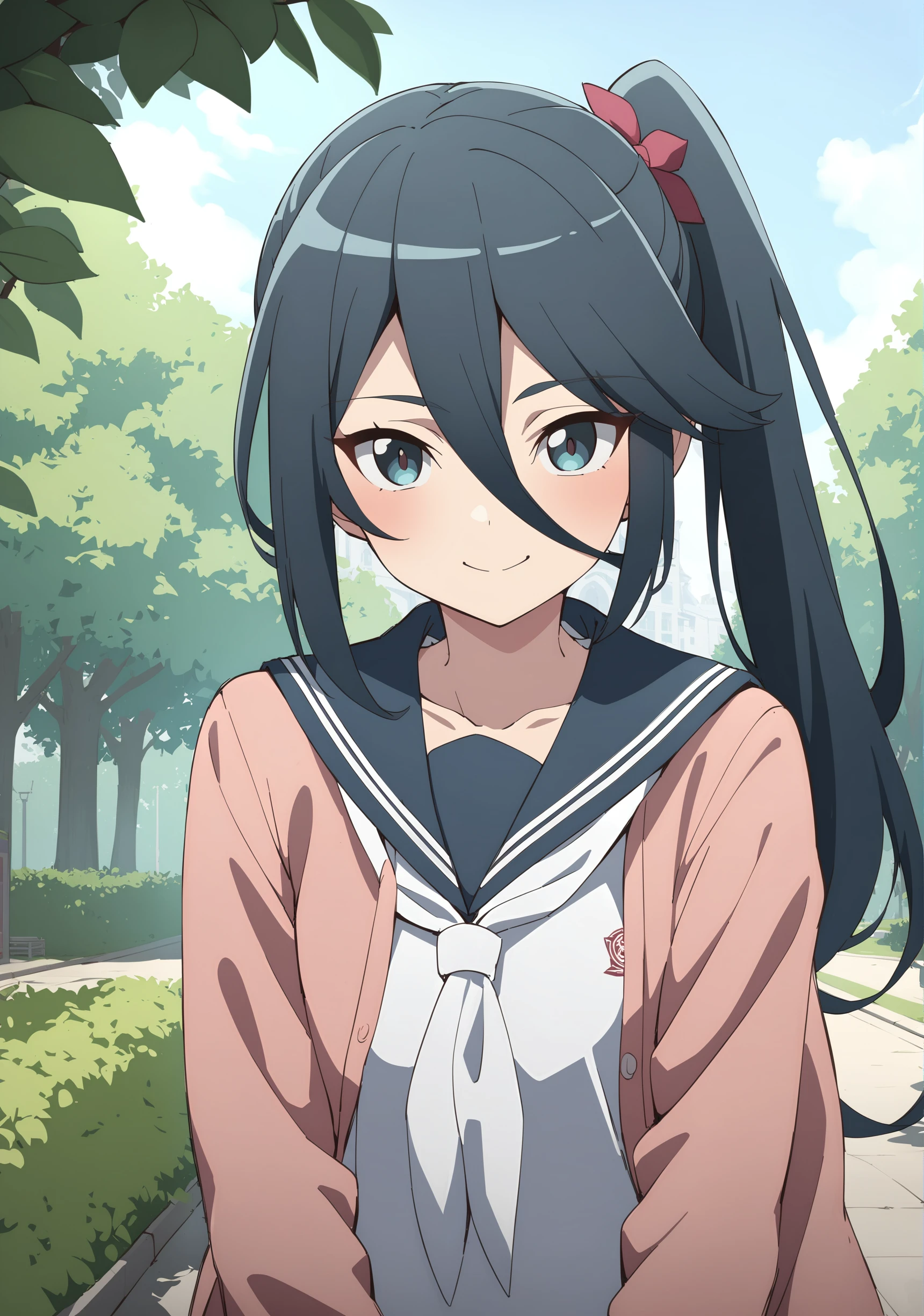 1girl, upper body, smile, standing, outdoors, background park, looking at viewer, suzuno-cag, ponytail, school uniform, serafuku, tehepero, (masterpiece, best quality:1.4), <lora:Suzuno-Cag-000014:1>