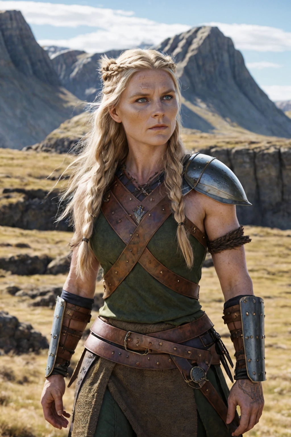A portrait of a fierce Viking shieldmaiden, embodying bravery and resilience in a rugged landscape