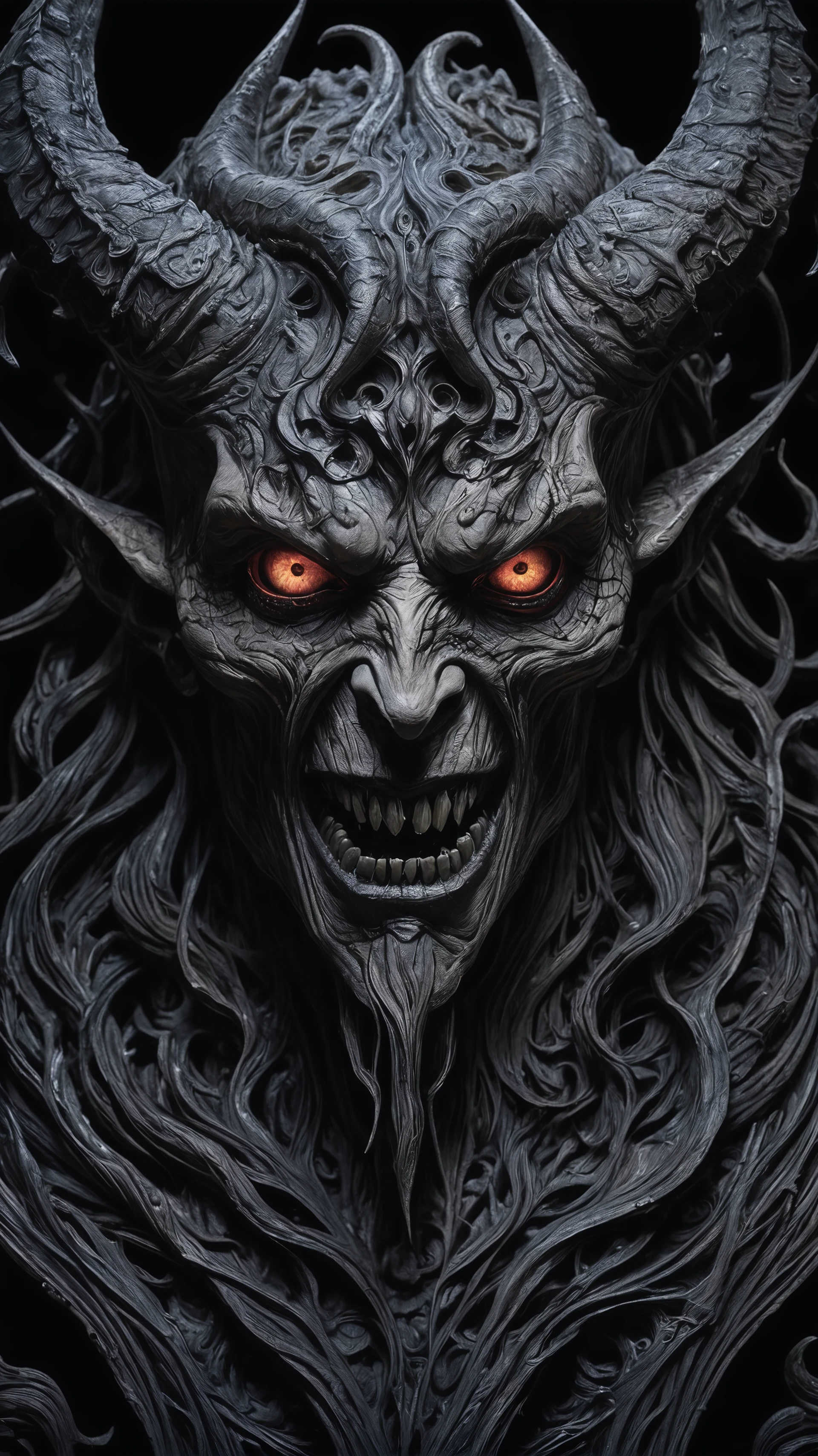 Horror-themed (8k, RAW photo, highest quality), hyperrealistic, intricate abstract, intricate artwork, abstract style, hauntingly, [satan | hell:17], dark and haunting portrait of a demonic satan emerging from the shadows, exuding terror, sinister eyes piercing through the darkness, intricate details, menacing expression, muted colors, Eerie, unsettling, dark, spooky, suspenseful, grim, (in the style of ian miller:1.3), highly detailed, (intricate details),hdr,(intricate details, hyper detailed:1.2), cinematic shot, extremely high-resolution details, photographic, realism pushed to extreme, fine texture, incredibly lifelike