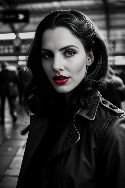a (vintage black and white photograph:1.2) of beautiful(Wh1tn3y:1.1) woman,as a secret agent during WWII,wearing a long (tweed trench coat:1.2),(bright red lipstick:1.4),carrying an attache case,with long hair,standing on railway platform at (Paddington Station in London:1.2),as a passenger train arrives,with busy crowds walking by,victorian architecture,dramatic pose,(looking at viewer),black and white photograph,detailed eyes,absurdres,face focus,extremely intricate,dramatic,elegant,b&w,film grain,faded,PA7_Portrait-MCU,<lora:Wh1tn3y_01B-000002:1.0>,
