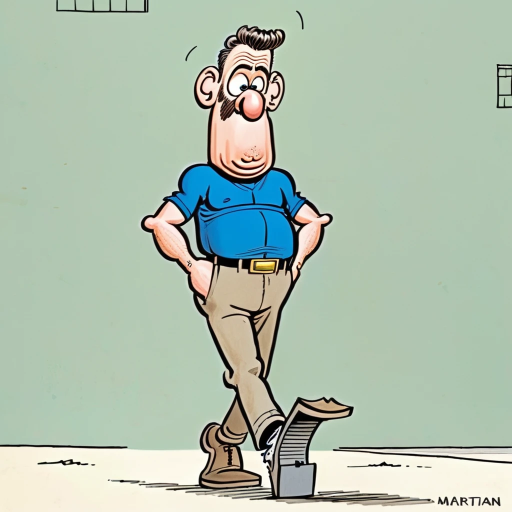 cartoon of Chris Evans walking , in donmartin style, caricature, anxious facial expression, caricature, HQ, high resolution, crisp lines, detailed eyes and lips <lora:DonMartin_StyleXLv6.6:0.95> <lora:add-detail-xl:0.04> <lora:xl_more_art-full_v1:0.05>