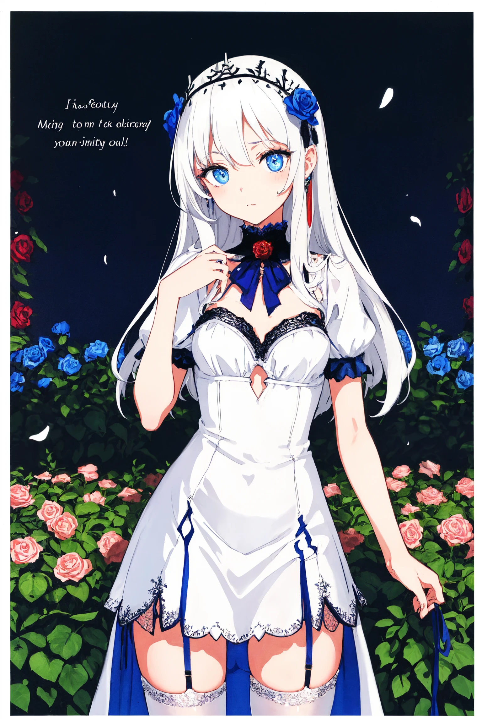 ((white theme)), best quality, masterpiece, ultra-detailed, illustration, detailed light, an extremely delicate and beautiful, incredibly_absurdres, (glowing), (1girl), solo, a beautiful girl, (cowboy shot), standding, ((beautiful Dress+stocking):1.25), ((Belts)), (leg loops), ((headdress)), ((white hair)), (beautiful blue eyes), (english text), (flower), (rose), (garden), (petal), (circle:), (Saturn ring), (border<circle)