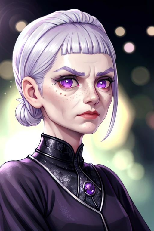 A elder Danish woman, sculpted facial features with freckled skin, shiny purple eyes with thin eyebrows, a full nose and sculpted cheekbones, small lips and strong jawline, with pupils and sulking expression, wearing open black toga outfit, subsurface scattering, ray traced, depth of field, bokeh, god rays, vivid colors, cinematic hard lighting, realistic shadows, detailed textures