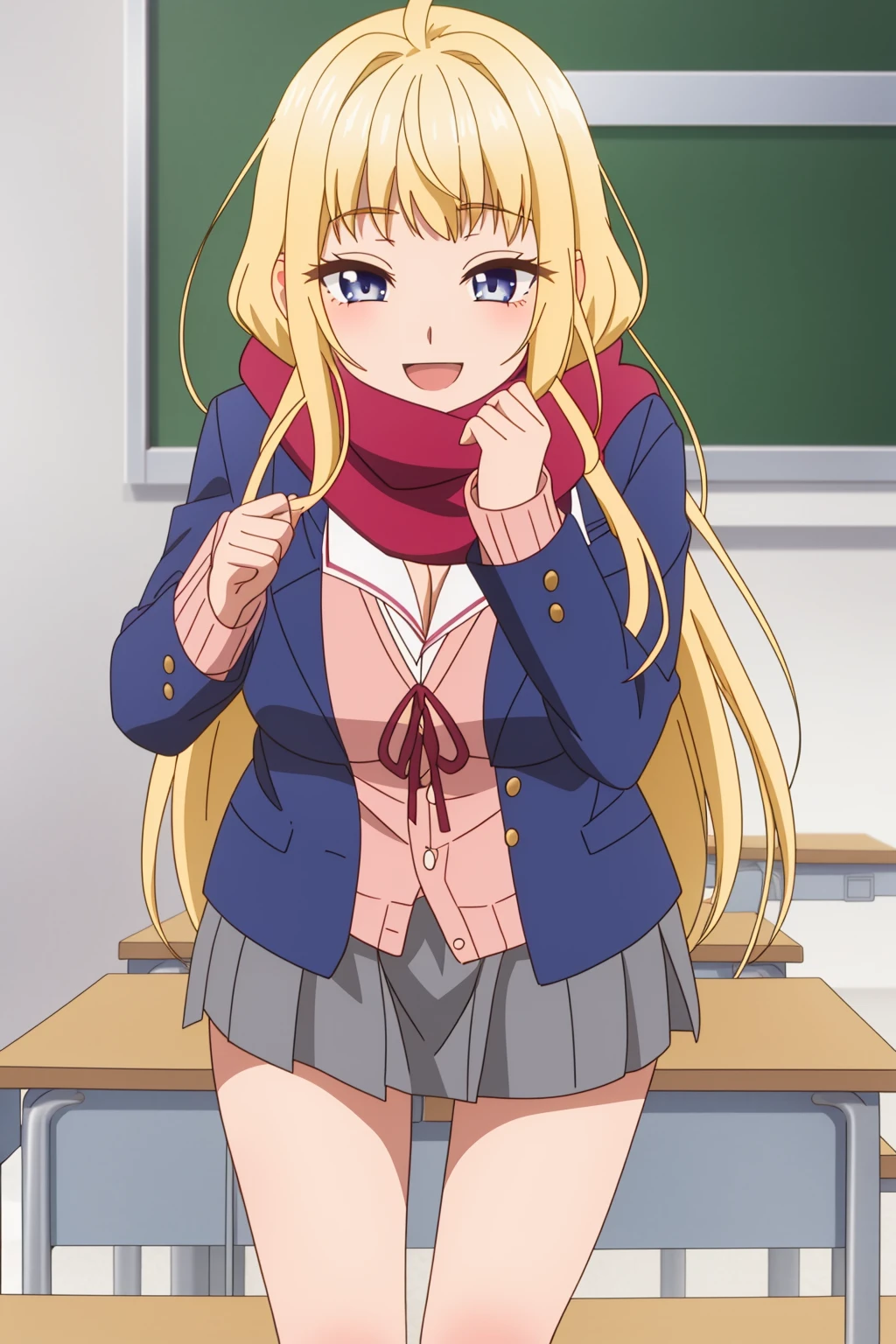 sysdeep_tsubasa, 1girl, solo, long_hair, breasts, smile, open_mouth, bangs, blue_eyes, skirt, blonde_hair, ribbon, cleavage, medium_breasts, very_long_hair, school_uniform, purple_eyes, jacket, pleated_skirt, solo_focus, indoors, scarf, leaning_forward, cardigan, blue_jacket, desk, grey_skirt, red_scarf, classroom, chalkboard, pink_scarf, pink_cardigan