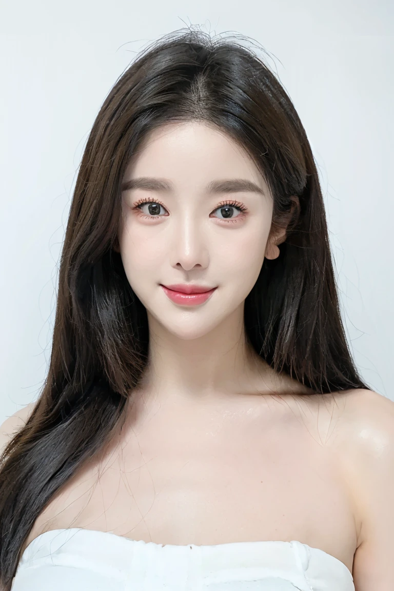 (masterpiece, top quality, best quality, (close-up photograph: 2), ((1girl)), korean, fair skin, (extremely detailed face), ((looking at viewer)), ((((ultra-detailed eyes and pupils)))),((((ultra-detailed lips)))) cheekbone, plump cheeks, ((bare pectorals)), ((bare chest)), ((tube dress)), bare head, ((bare shoulders)), symmetrical frame, (((strapless))), ((closed lips)), (((smile))), ((symmetrical pose)), (symmetrical face: 1.6), 35mm, ((((minimal plain white background)))), ((no lighting)), long hair, no watermark, ((medium hair)), <lora:zhuxiaoqi:0.7>