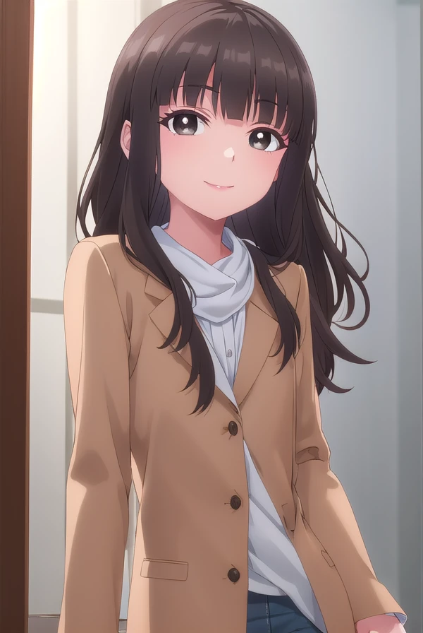 shihokofujimiya, <lora:shihoko fujimiya s1-lora-nochekaiser:1>,
shihoko fujimiya, long hair, bangs, black hair, (brown eyes:1.5), blunt bangs, wavy hair, smile,
BREAK shirt, jacket, white shirt, coat, brown jacket,
BREAK indoors,
BREAK looking at viewer, (cowboy shot:1.5),
BREAK <lyco:GoodHands-beta2:1>, (masterpiece:1.2), best quality, high resolution, unity 8k wallpaper, (illustration:0.8), (beautiful detailed eyes:1.6), extremely detailed face, perfect lighting, extremely detailed CG, (perfect hands, perfect anatomy),