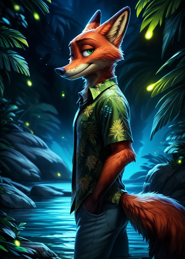 (by Homogenousrule, by Wildering, by Foxovh, by Catcouch),
solo (((nick wilde)) blue hawaii floral shirt with jeans),
(standing, three-quarter portrait, three-quarter view, looking at viewer:1.25),
BREAK,
(jungle, river, rock, firefly, night, glowing),
(detailed background, depth of field, ambient silhouette, backlighting),
masterpiece, best quality, 4k, 2k, (intricate:0.9), (high detail, shaded, realistic:1.25), absurd res