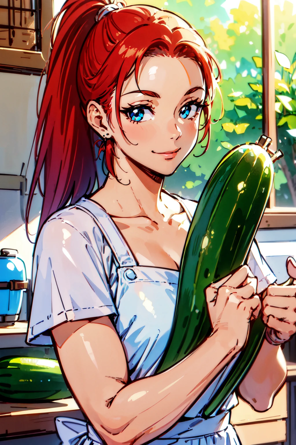 ((upper body, a woman in a kitchen. cooking with cucumber holding a knige on hilt. cute smile)),beautiful eyes, beautiful girl, high detail skin, high detail eyes, high detail hair, highres, ultra detailed, sharpen picture, Highly detailed, masterpiece, best quality, photorealistic,
<lora:MireilleLoRA:0.7> 1girl, long hair, ponytail,  white apron with heart on chest