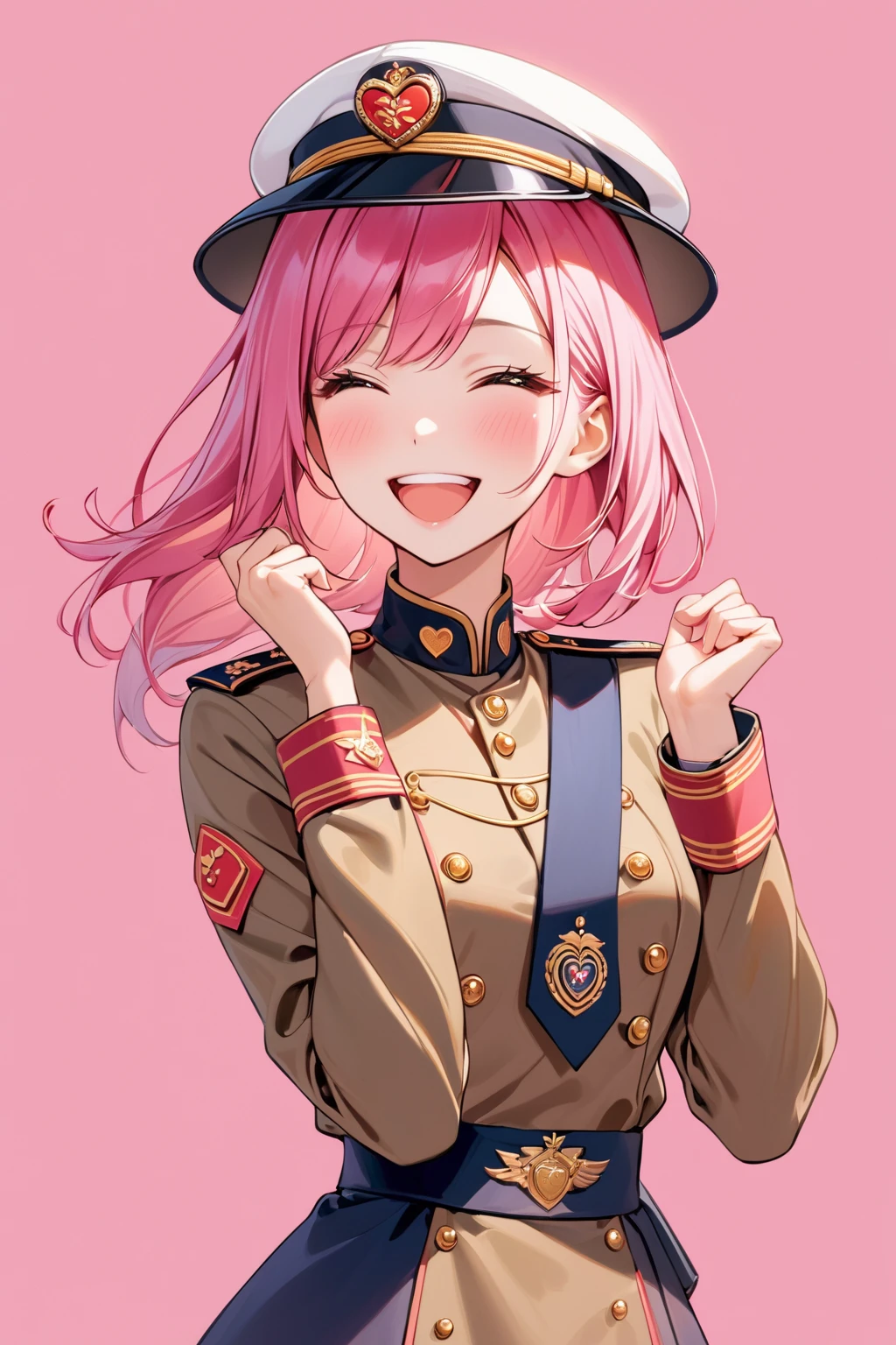 ((upper body of fashion pose, A gorgeous asian girl is happy and laughing:1.2)) ((pure pink background)) likely in her mid-twenties,stands confidently. She has pink hair under a stylish hat,her expression one of determined authority. Her uniform suggests a whimsical military influence,complete with medals and a large,heart-shaped emblem.,