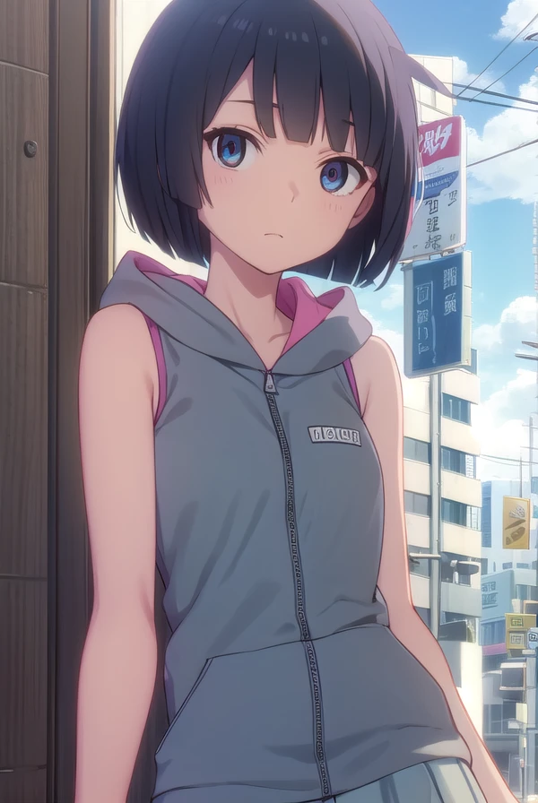 toukakishi, <lora:touka kishi hnu-lora-nochekaiser:1>,
touka kishi, short hair, black hair, bob cut, bangs, blunt bangs, (black eyes:1.3), ahoge,
BREAK skirt, hood, hoodie, sleeveless, hood down, sleeveless hoodie,
BREAK outdoors, city, sun, clouds,
BREAK looking at viewer, (cowboy shot:1.5),
BREAK <lyco:GoodHands-beta2:1>, (masterpiece:1.2), best quality, high resolution, unity 8k wallpaper, (illustration:0.8), (beautiful detailed eyes:1.6), extremely detailed face, perfect lighting, extremely detailed CG, (perfect hands, perfect anatomy),
