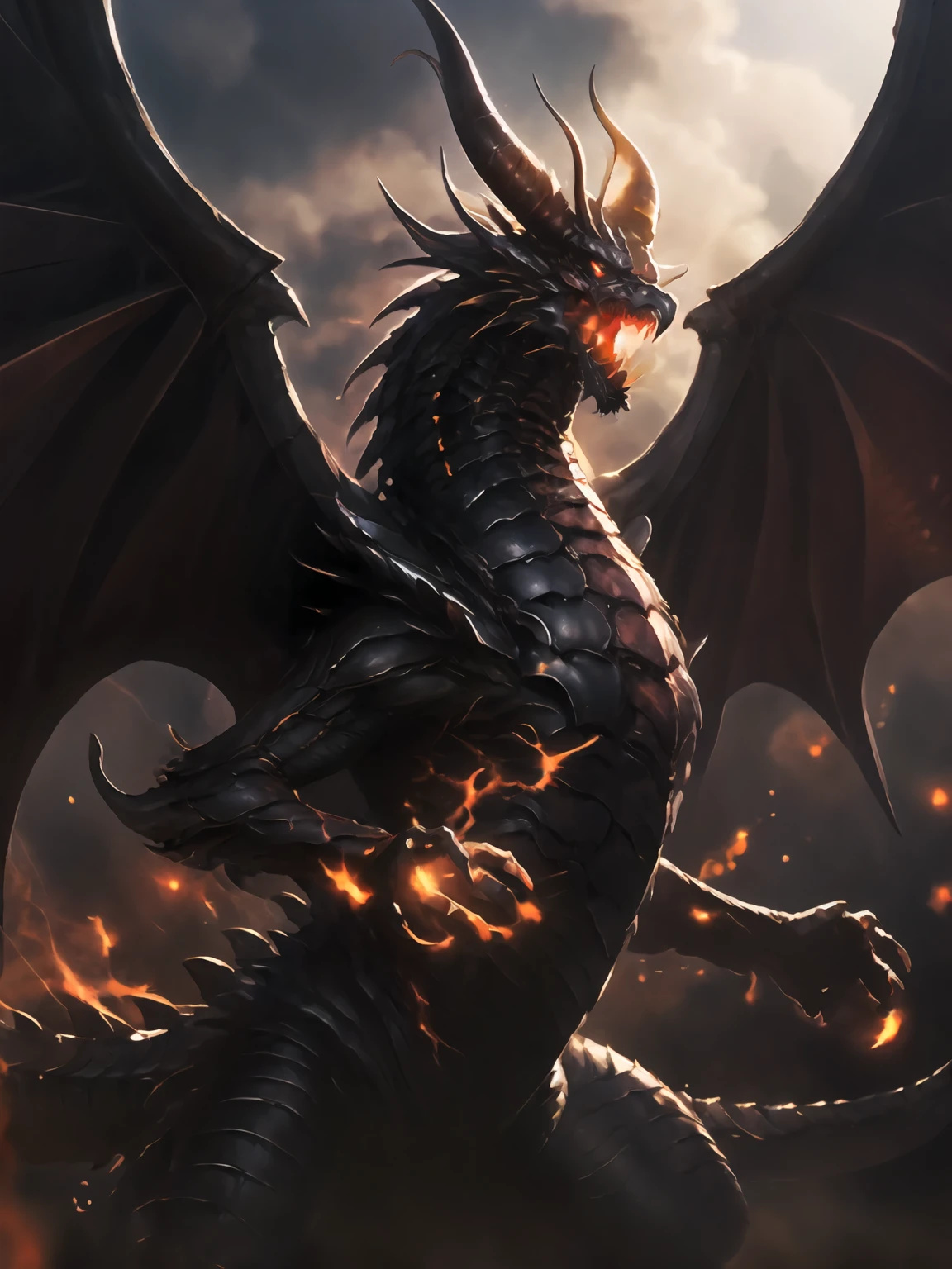 masterpiece,best quality,highres,cinematic lighting,dramatic angle,no humans,dragon,<lora:BahamutV1:0.8> ,horns,monster,flames,electricity,open mouth,breathing fire,dark clouds,looking at viewer,straight-on,glowing eyes,wings,sealed,chain,covered eyes,eyes covered,ribbon,