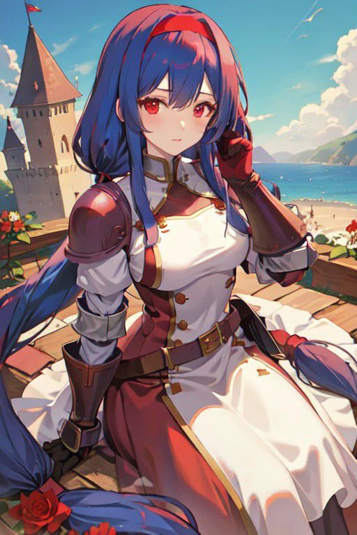 red hairband, armored dress, red eyes, blue hair, bangs, sidelocks,very long hair, twintails masterpiece, best quality, flowers, castle, sky