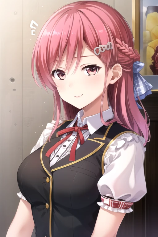 ((masterpiece)),(best quality),official art,extremely detailed CG,unity 8k wallpaper,ultra detailed,beautiful detailed eyes,extremely detailed face,1girl,solo,upper body,(portrait:1.5),looking at viewer,facing viewer,Nanasato Nene(unoneno),smile,long hair,red hair,shiny hair,braid,hair ornament,hair bow,hair between eyes,yellow ribbon,bangs,red eyes,school uniform,short sleeves,puffy sleeves,black vest,wing collar,collared shirt,neck ribbon,red ribbon,white shirt,large breasts,miniskirt,frilled skirt,black skirt,vertical-striped skirt,plaid skirt,white socks,loafers,<lora:Nanasato Nene(unoneno)>,