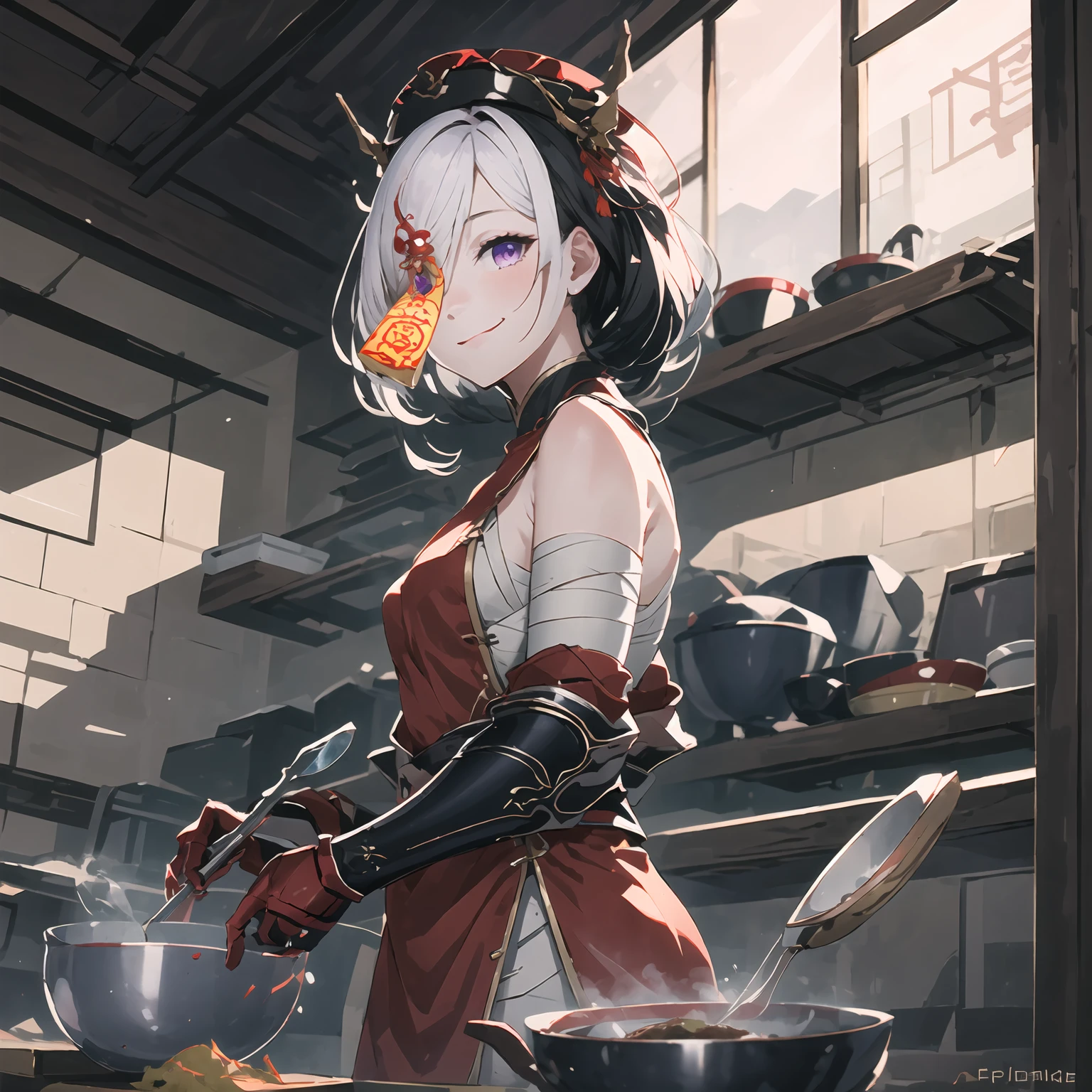 masterpiece,best quality,highres,cinematic lighting,dramatic angle,1girl,<lora:ShadowverseFightingJiangshiV14:0.8:lbw=jiangshi3>,black hair,white hair,two-tone hair,hat,qing guanmao,hair ornament,twintails,purple eyes,ofuda,ofuda over one eye,one eye covered with ofuda,looking at viewer,red chinese clothes,bare shoulders,gauntlets,bandaged arms,happy,smile,from side,turning head,kitchen,white apron,cooking,pot,pan,bowl,flavoring potions,holding soup ladle
