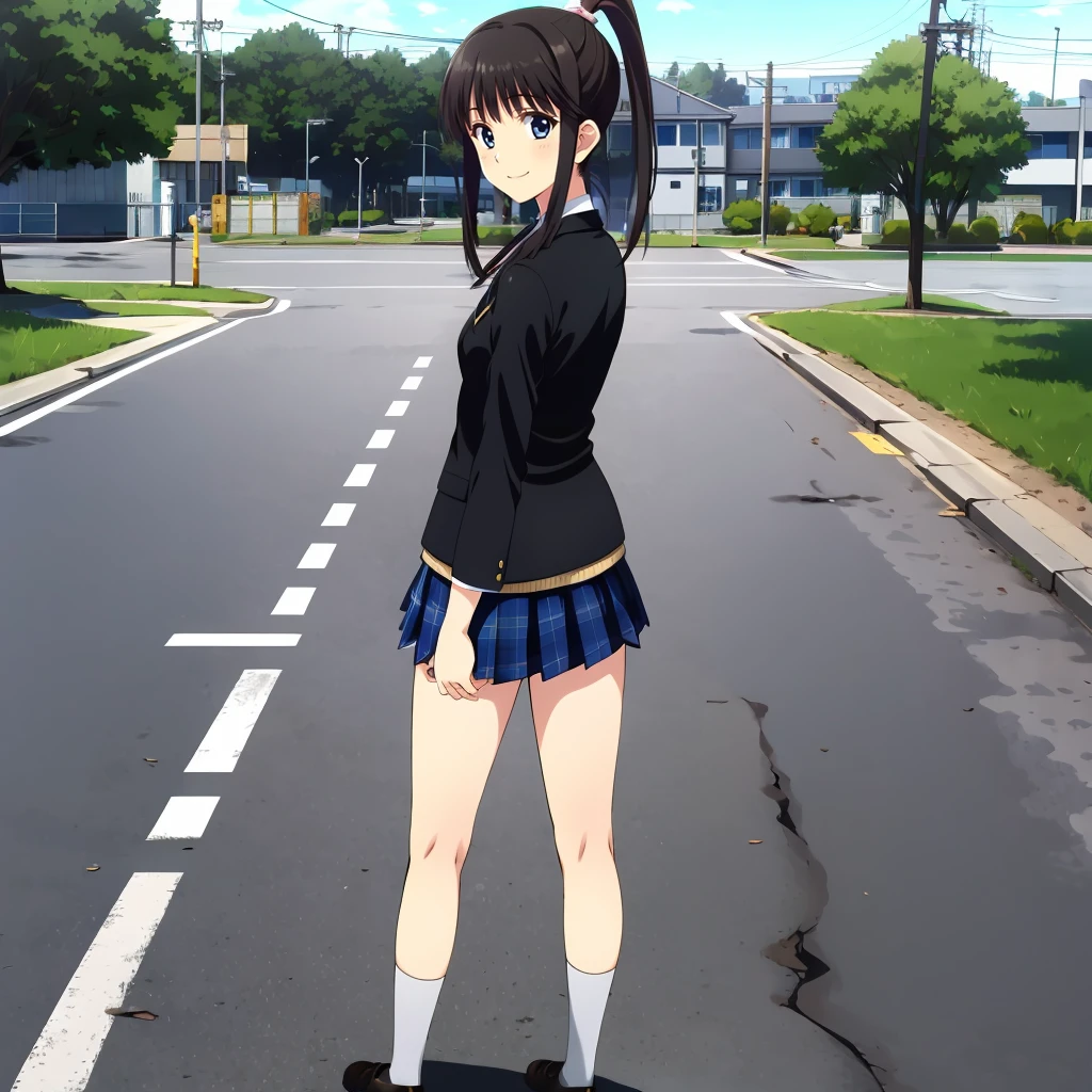 <lora:KoharuSugiura003:0.7>,looking at viewer,smile,looking back,
KoharuSugiura,1girl,solo,
high ponytail,blue eyes,(sidelocks:1.4),
school uniform,
black blazer,
plaid skirt,
full body,standing,