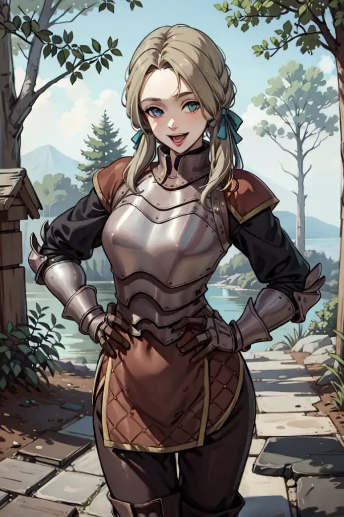 masterpiece, best quality, flechefe, 1girl, solo, hair over shoulders, hair ribbon, armor, breastplate, red chainmail, long sleeves, gauntlets, gloves, pants, boots, smile, open mouth, outdoors, nature,hands on hips,looking at viewer,upper body