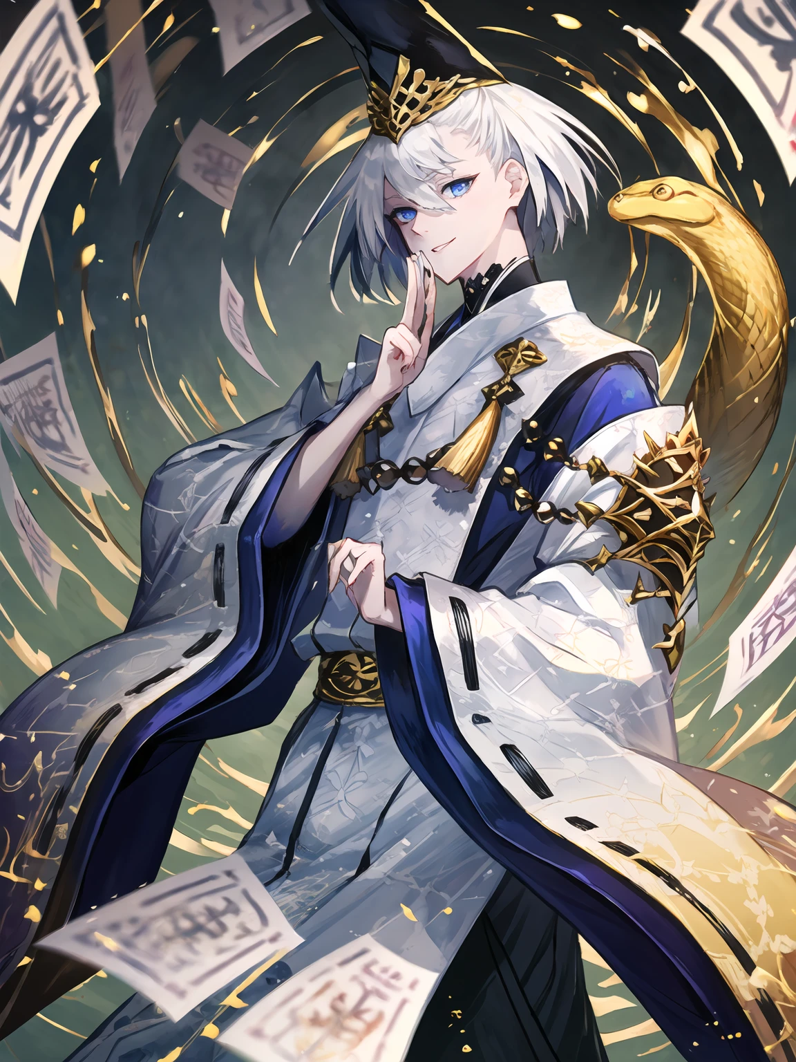 masterpiece,best quality,highres,cinematic lighting,dramatic angle,1boy,<lora:ShadowverseKuonV1-000025:0.8>,white hair,short hair,blue eyes,tate eboshi,blue headwear,white dress,clothing cutout,ribbon,tassel,looking at viewer,evil smile,shaded face,parted lips,wide sleeves,kariginu,straight-on,holding,close-up,depth of field,beads,talisman,black hakama,dynamic angle,magic,ofuda,holding ofuda,casting spell,golden snake,one hand over head,one arm over head,straight-on,shushing