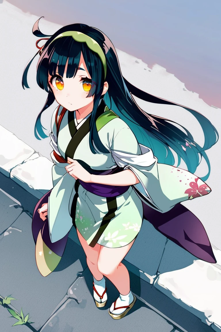 1girl, hairband, japanese clothes, sick, dusk, full body, from above, zunkolora, <lora:zunkolora_charaLoRA_XL_AMG:0.7:lbw=1,0,1,0,1,1,0.5,1,1,0,0,0>