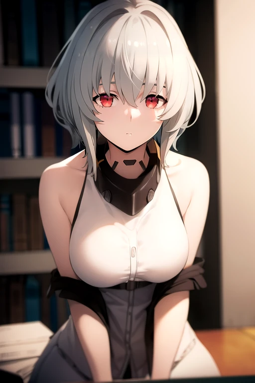 Nsfw, Lucy \(Cyberpunk\), 1Girl, Hair cutting, hime cut, silver haired, Colored tips, full moon, gray eyes, jacket, long sleeves, looking a viewer, Medium Hair, multi-colored hair, Parted bangs, parted lips, rose hair, portraite of a, Red Eyeliner, red-lips, 独奏, white jacket, ciberpunk \(series\), A rainy night in a cyberpunk city with glowing neon lights