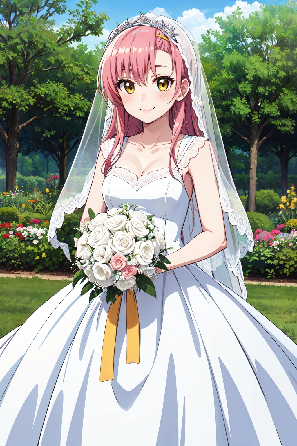 masterpiece,best quality,highres,ultra-detailed,katsura hinagiku,long hair,hairband,<lora:katsura_hinagiku:0.9>,(wedding dress:1.2),white dress,(veil:1.2),garden,smile,outdoors,standing,cowboy shot,holding bouquet,