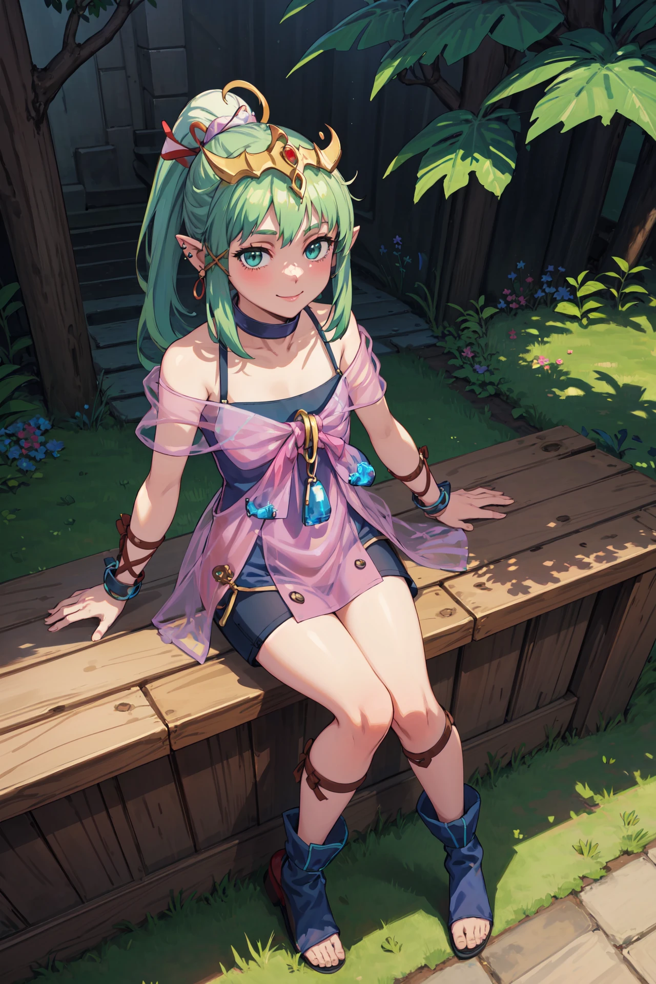 sitting on counter,(from above),<lora:SFEtikiV1:0.9>,blo_tiki,smile, looking at viewer, dark blue shorts,jewelry, toeless footwear, earrings, ribbon, pink short dress, bare shoulders, see-through, choker, cape,necklace, bracelet,forest,on grass,outdoors,(masterpiece, best quality, ultra-detailed, best shadow)