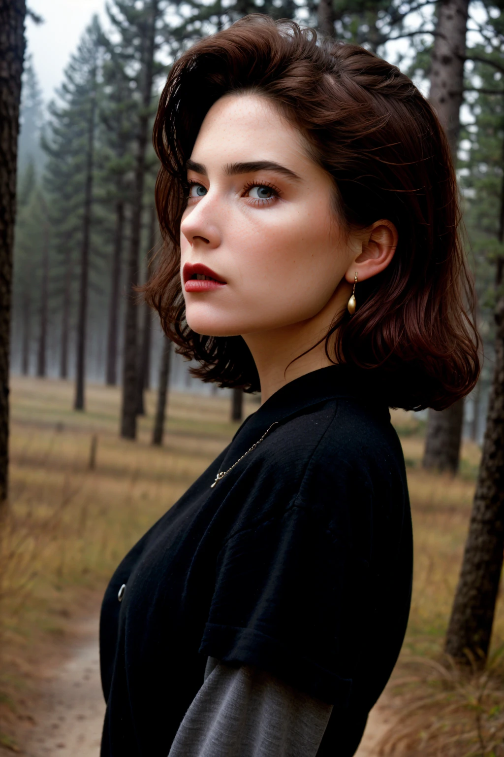 best quality, 8k RAW photo, (film grain:1.5), backlighting, <lora:Donna:1> donna, profile, lipstick, parted lips, black shirt, analog, looking at viewer, pine trees, fog