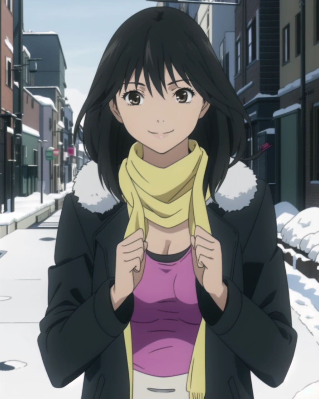 masterpiece, high quality, 1girl, misakiyamamoto, brown eyes, black hair, pink tank top, yellow scarf, black winter coat with white fur, long sleeves, medium shot, upper body, detailed hands, outdoors, city, street, winter, snow, light smile, <lora:misakiyamamoto-000010:0.9>