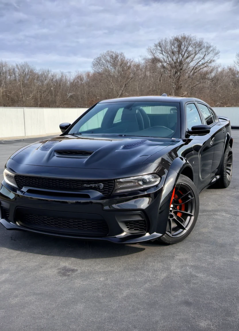 black chargerhellcatsrt, parked, front view, low-angle view
 <lora:ChargerHellcatSDXL:1>