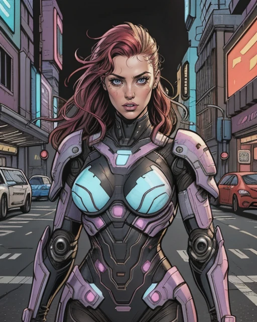 Alison Tyler 25 anos, brunette hair, as a bodybuilder cyborg with bionic parts in your body, cyberpunk swinsuit, pink-white-lime green, reading a magazine leaning on your crossed legs on the futuristic chair, futuristic lab, blueprint, photostudio composition, digital art, illustration concept art in the style of Artgerm and Adam Hughes