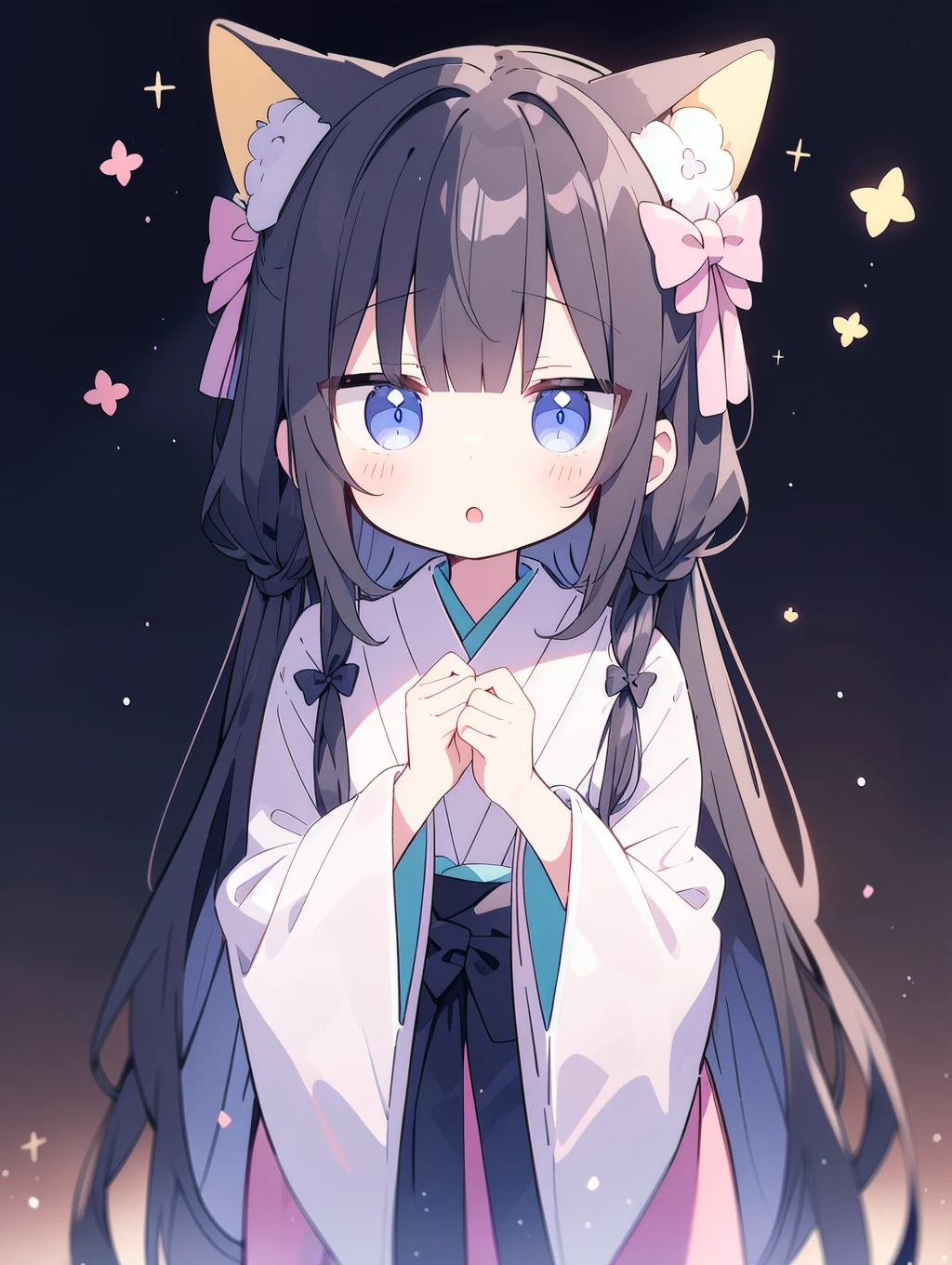 kimono, blown hair, long hair, cute, kawaii, :o, looking at viewer