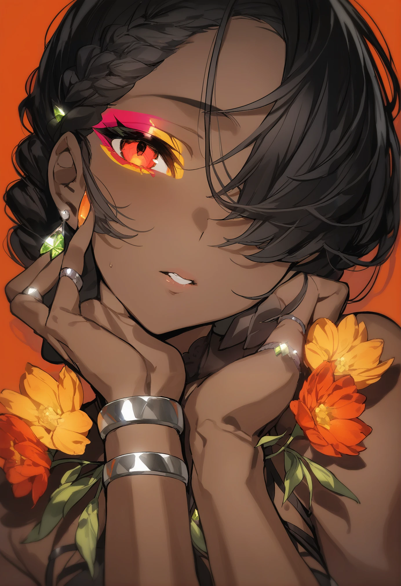 masterpiece, best quality, <lora:MikaPikazoXL_V1:1> 1girl, flower, solo, dark skin, gloves, dark-skinned female, jewelry, ring, looking at viewer, yellow flower, black hair, braid, orange eyes, parted lips, one eye covered, orange flower, red flower, makeup, red background, earrings