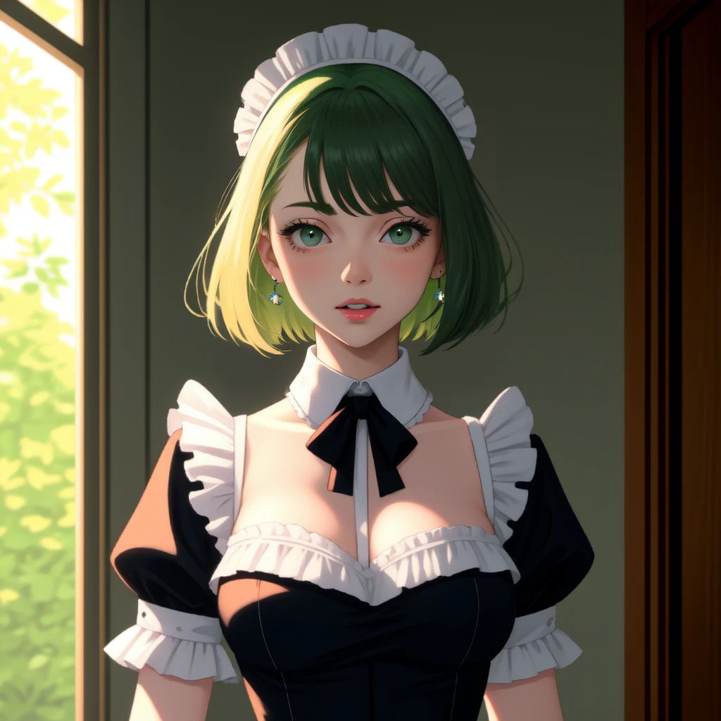 Renaissance style painting, Victorian oil painting style
BREAK upper body shot of a girl yelling
BREAK (light green hair, green eyes:1.3), bobcut with blunt bangs
BREAK wearing a maid's uniform, frilly lace, detached collar, headdress, a single white flower in her hair
BREAK standing next to the entrance of a mansion with the view of outside, highly detailed scenery
BREAK art by Monet