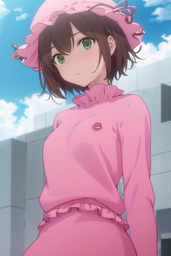 rinazuma, <lora:rin azuma hnu-lora-nochekaiser:1>,
rin azuma, short hair, brown hair, (green eyes:1.3),
BREAK hat, frills, dress, pink dress, pink hat, long sleeves, puffy sleeves, skirt, pink skirt,
BREAK outdoors, city, sun, clouds,
BREAK looking at viewer, (cowboy shot:1.5),
BREAK <lyco:GoodHands-beta2:1>, (masterpiece:1.2), best quality, high resolution, unity 8k wallpaper, (illustration:0.8), (beautiful detailed eyes:1.6), extremely detailed face, perfect lighting, extremely detailed CG, (perfect hands, perfect anatomy),