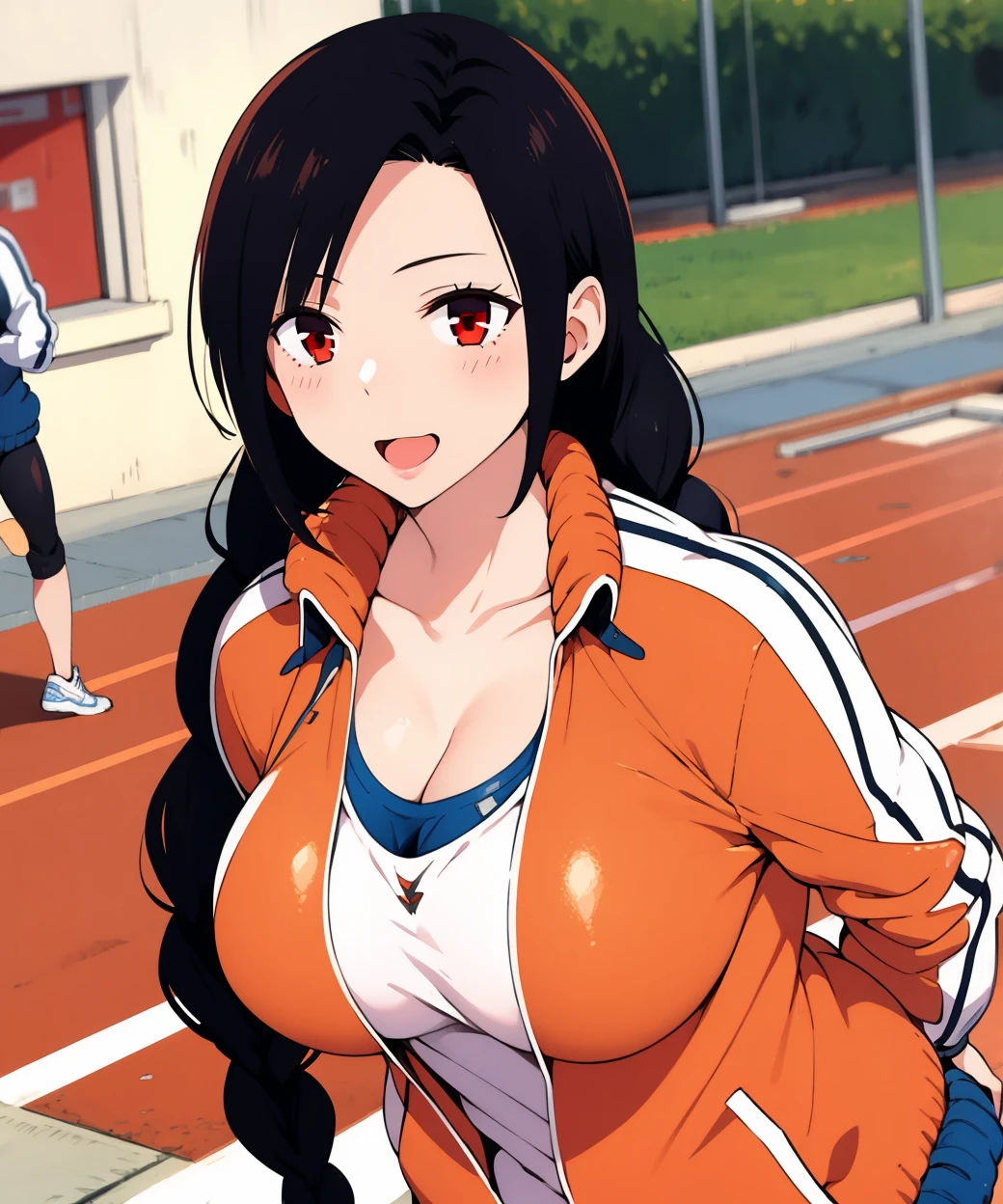 <lora:MatoiKazamaki:0.8>,1girl,matoiteacher,red eyes,very long braid ,mature woman, milf,cleavage,track jacket, wistle, jacket,background is school running track