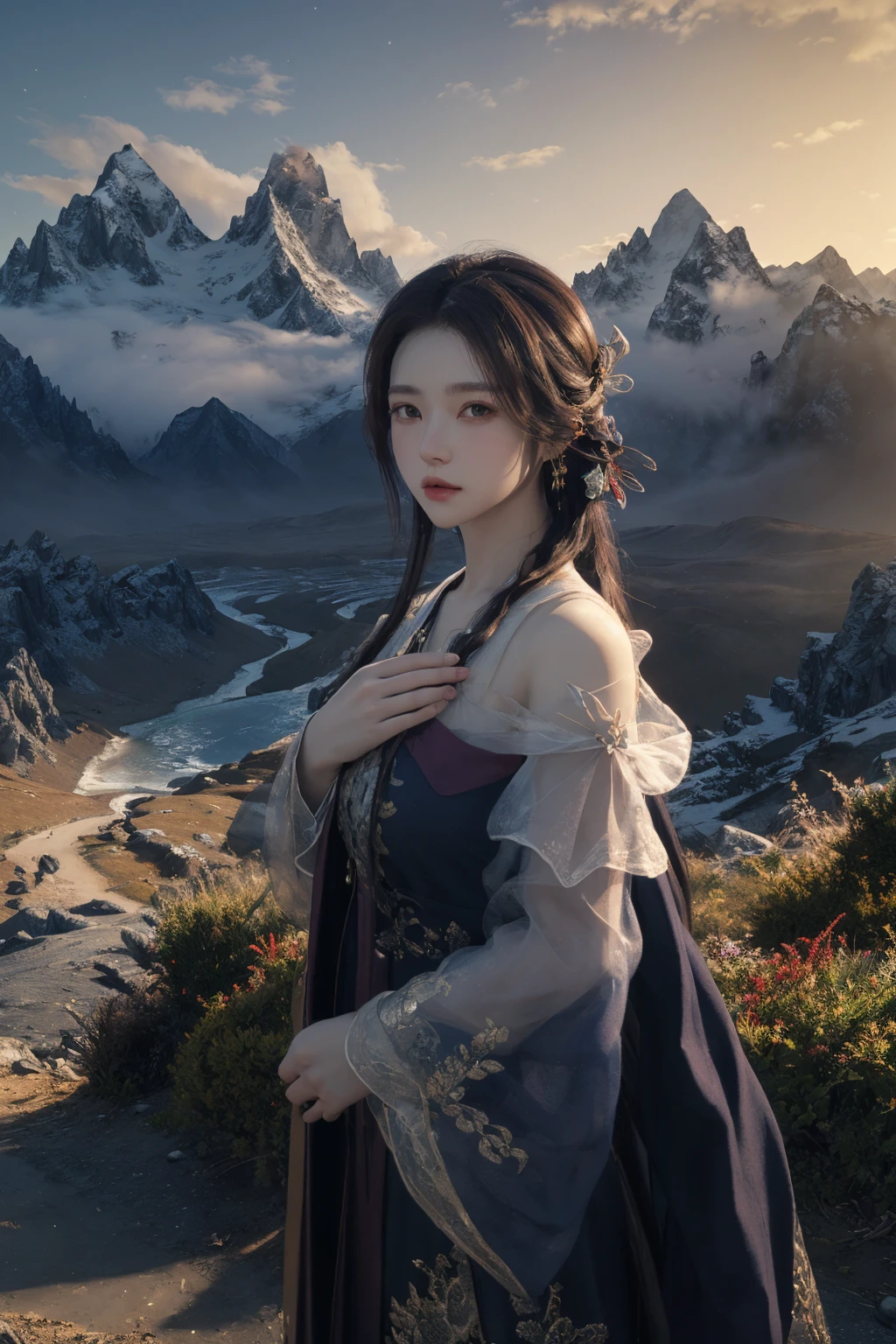 masterpiece,best quality,highly detailed,Amazing,finely detail,extremely detailed CG unity 8k wallpaper,score:>=60,xiannv,long sleeves,looking at viewer,outdoors,mountain,facing viewer,