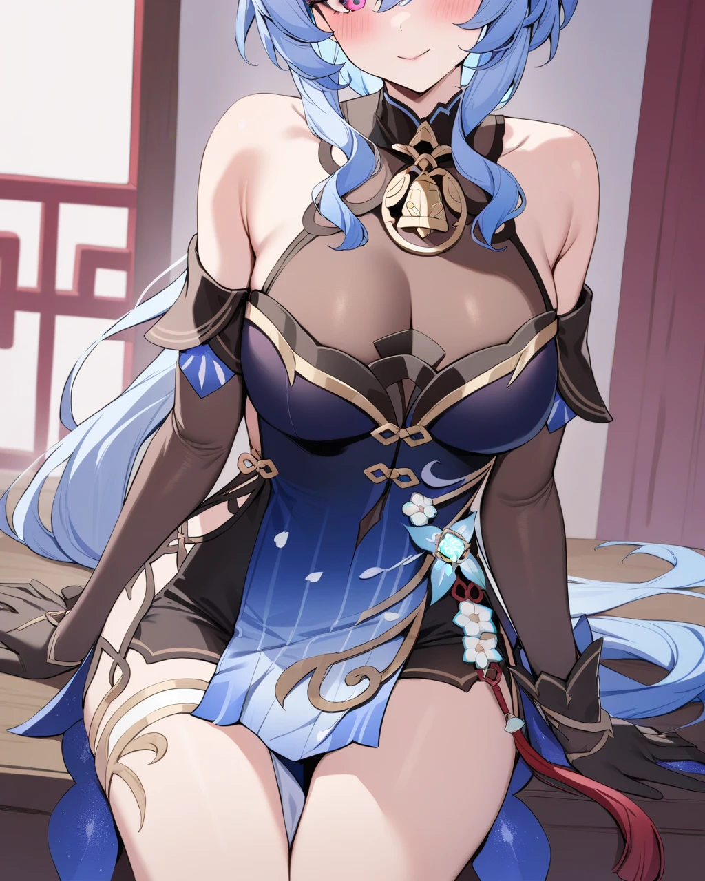 masterpiece, best qualityï¼<lora:sganyu_new_xl:1>ï¼ganyu \(genshin impact\), 1girl, solo, vision \(genshin impact\), high heels, looking at viewer, blush, hair ornament, black gloves, bare shoulders, gold trim, thighs, alternate costume, detached sleeves, chinese knot, neck bell, thighlet, smile, legs, black footwear, sitting, elbow gloves, flower knot, china dress, tassel
