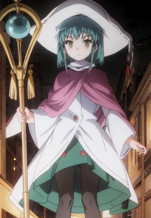 <lora:ShakugannoShana:1.0>, ShakugannoShana, Hecate, solo, long hair, looking at viewer, long sleeves, hat, dress, holding, standing, pantyhose, wide sleeves, blurry, black pantyhose, cosplay, witch hat, night, parody, expressionless, staff, robe, holding staff, ruins, duel monster, wizard hat, anime coloring