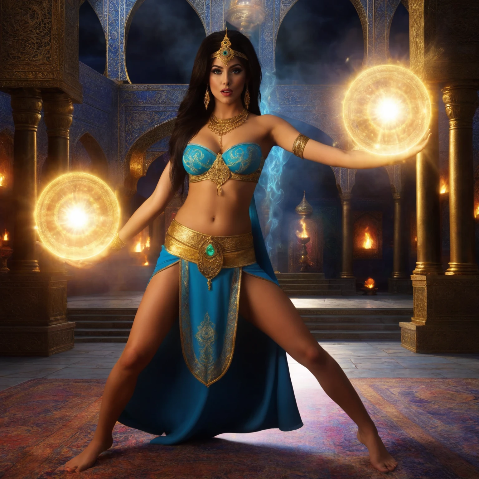 Persian ((Genie Djinn)), casting wish spell, flashy particle effects, skirt, bra, dramatic spell casting flourish, standing, persian palace, epic scene, realistic, detailed face and eyes