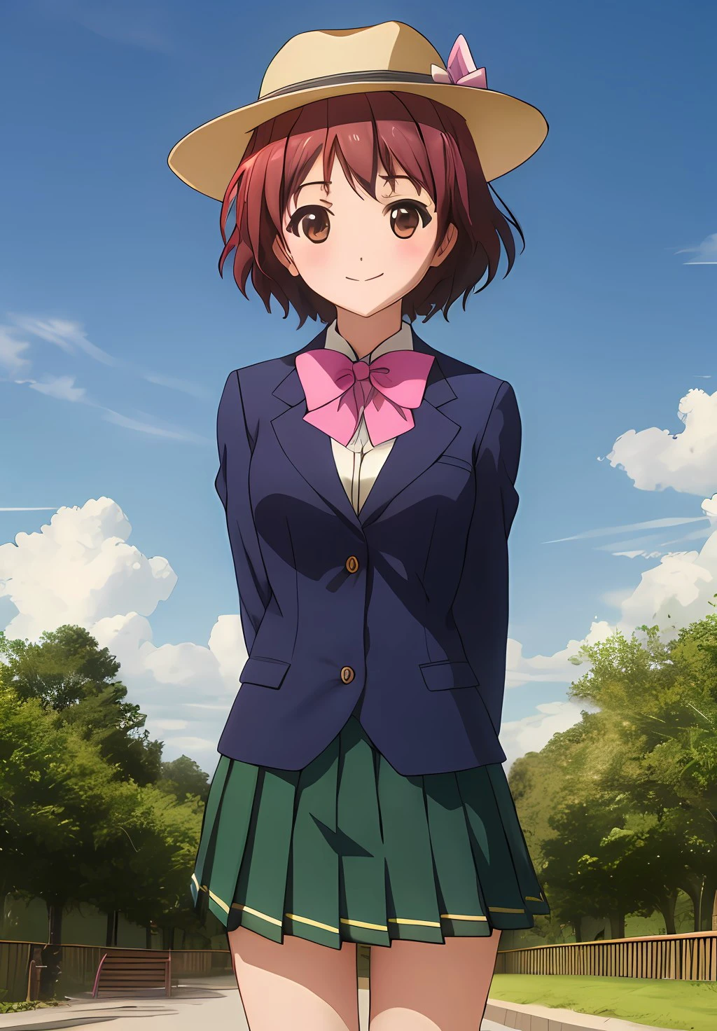 <lora:AccelWorld:0.6>, AccelWorld, Megumi, solo, looking at viewer, smile, skirt, hat, bow, ribbon, brown eyes, school uniform, standing, jacket, yellow eyes, red hair, pleated skirt, wings, bowtie, arms behind back, blazer, pink bow, green skirt, wind