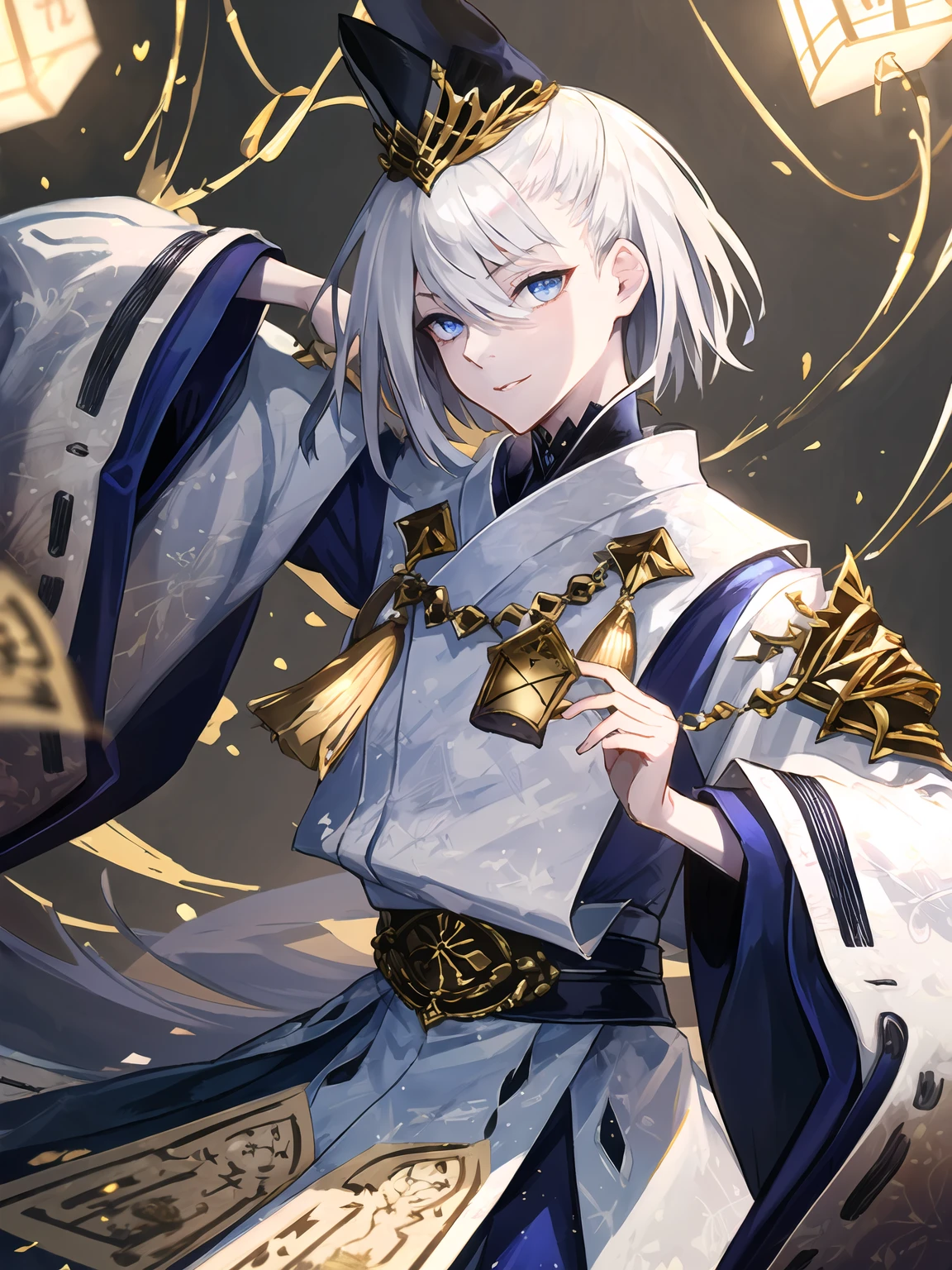 masterpiece,best quality,highres,cinematic lighting,dramatic angle,1boy,<lora:ShadowverseKuonV1-000025:0.8:lbw=jiangshi3>,white hair,short hair,blue eyes,tate eboshi,blue headwear,white dress,clothing cutout,ribbon,tassel,looking at viewer,evil smile,shaded face,parted lips,wide sleeves,kariginu,straight-on,holding,close-up,depth of field,beads,talisman,black hakama,dynamic angle,magic,ofuda,holding ofuda,casting spell,golden snake,one arm raised over head,straight-on,shushing