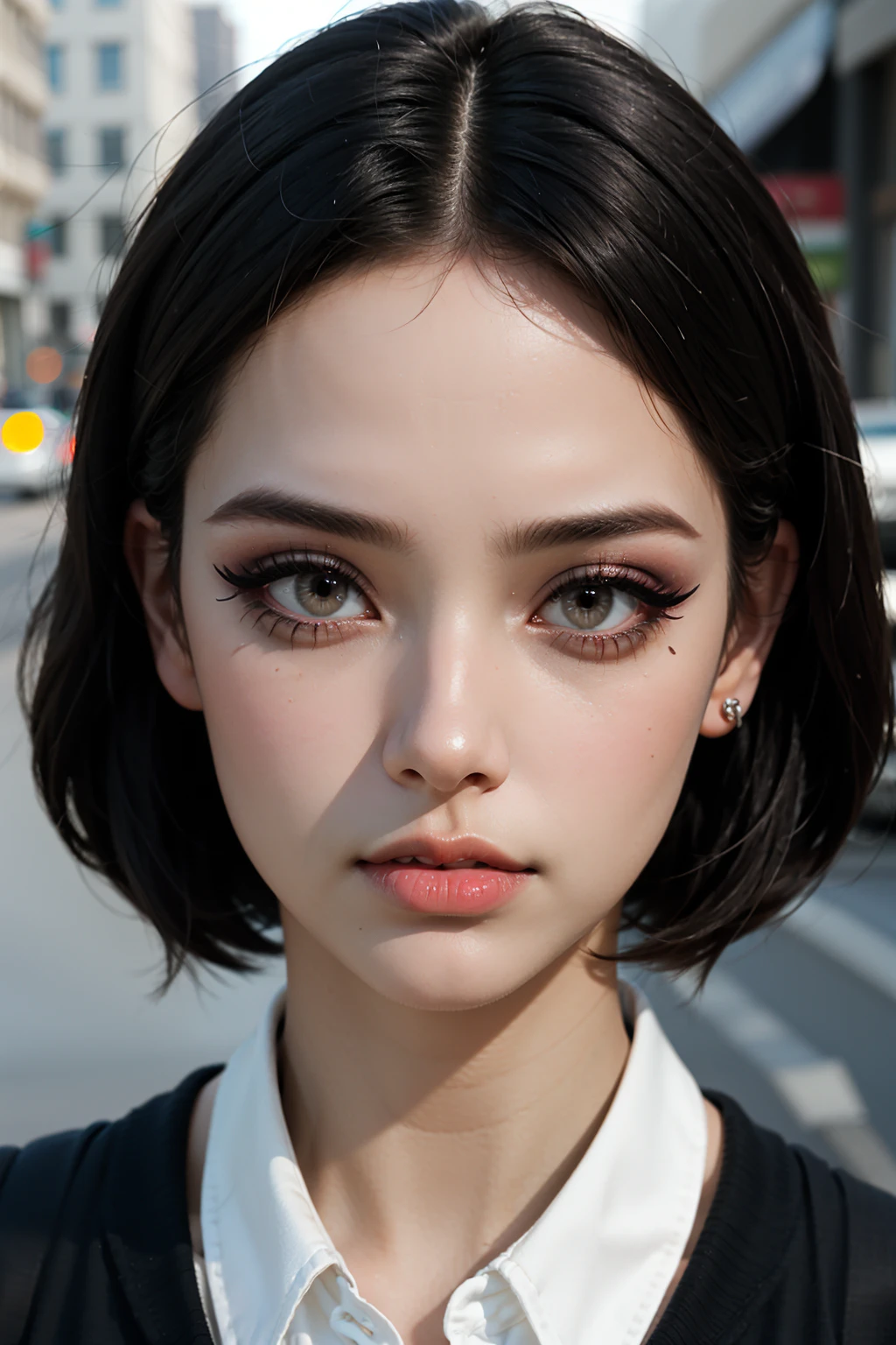 1girl, mature female, (expressionless eyes, graphic eyeliner, black eyeliner, eyeshadow, eyelashes, natural makeup),, street, day, light, flash light, fog, blurry