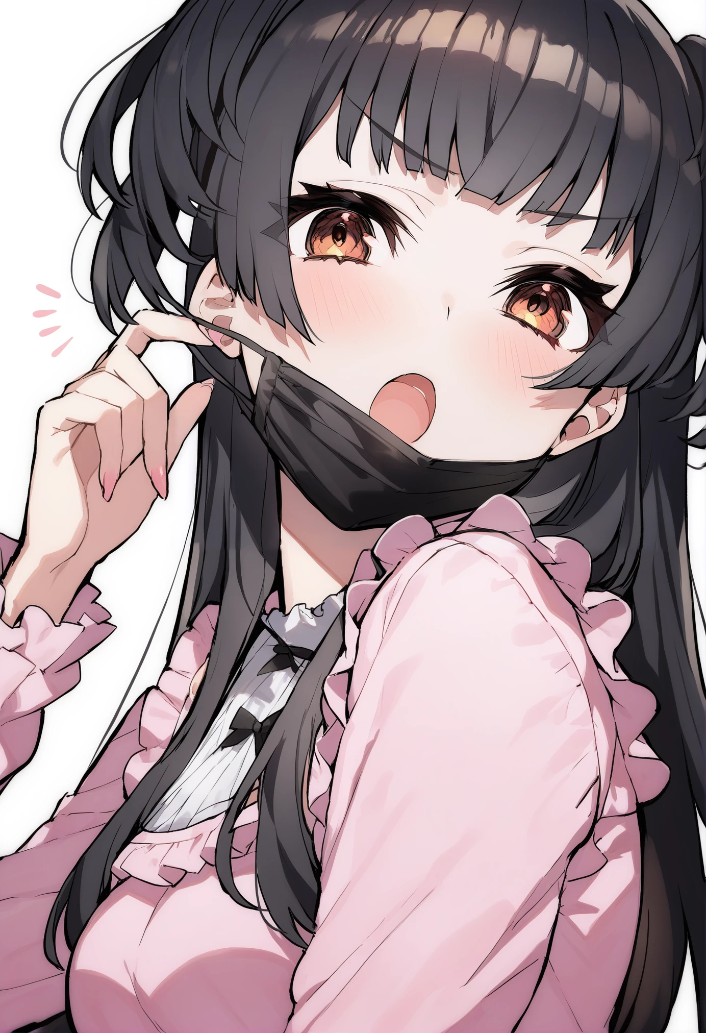 masterpiece, best quality, <lora:MikaPikazoXL_V1:1> 1girl, mayuzumi fuyuko, solo, two side up, mask pull, black hair, long hair, blush, shirt, pink shirt, bangs, mouth mask, mask, open mouth, white background, simple background, surgical mask, looking at viewer, blunt bangs, long sleeves, upper body, breasts, brown eyes, signature, medium breasts, frills, :o, v-shaped eyebrows, ribbon