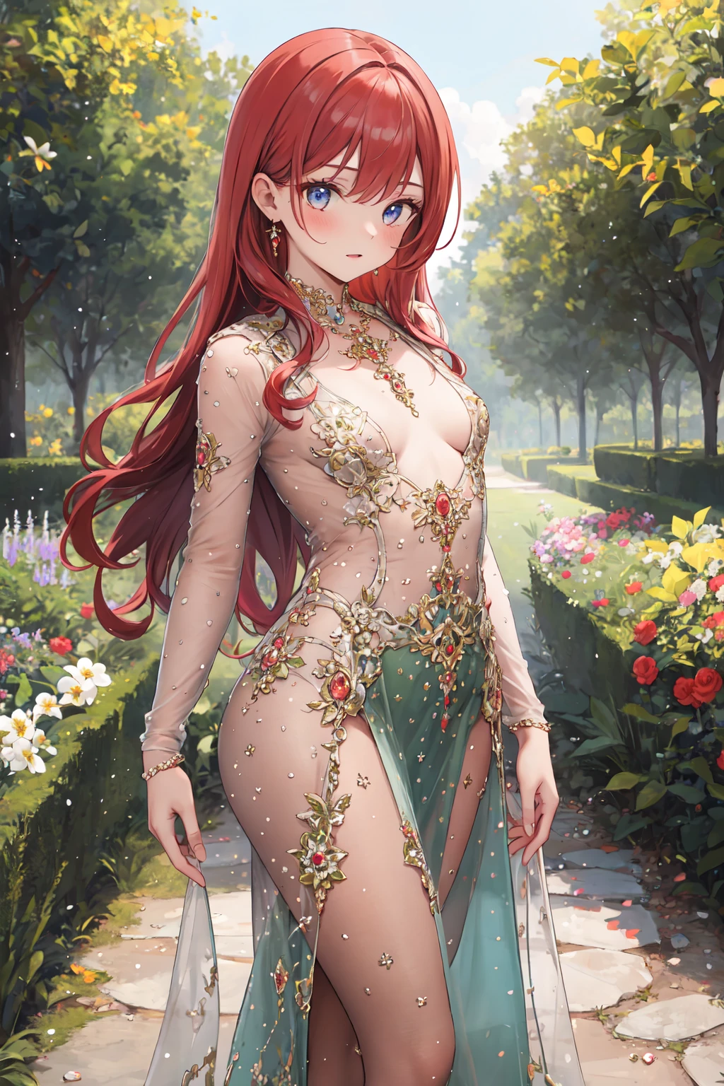 masterpiece,best quality,highres,ultra-detailed,cowboy shot,solo,1girl,small_breasts,long hair,red hair,standing,outdoors,garden,trees,gem,jeweled_evening_dress,