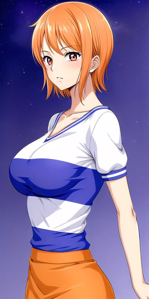 <lora:NamiV1:0.7> n4mi, huge_breasts, standing, solo, OGN4mi_short_hair, White_striped_shirt_Orange_pencil_skirt_short_sleeves, starry_sky,, masterpiece, best quality, detailed face, detailed eyes, highres,