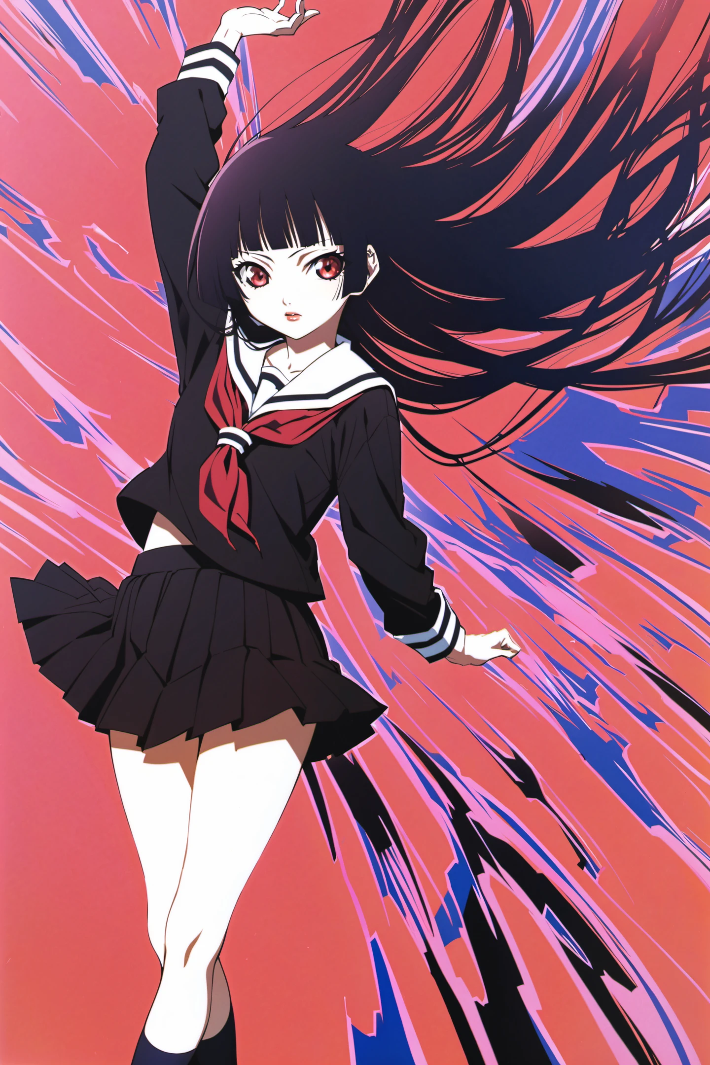 Enma Ai, 1girl, solo, black hair, long hair, school uniform, serafuku, red eyes, black serafuku, skirt, socks, hime cut, blunt bangs, <lora:JigokuShoujo_XL:0.8>