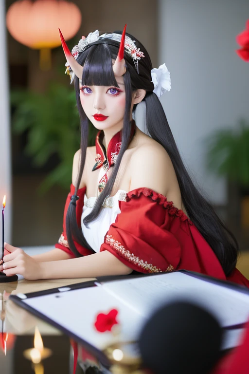 1girl,hair ornament,solo,flower,hair flower,candle,earrings,jewelry,black hair,black eyes,blurry,lips,red lips,looking at viewer,tassel,depth of field,makeup,realistic,(red_clothes:1.3),chinese clothes,floral print,medium breasts,off-the-shoulder,sitting,<lora:é±¼é
±:0.7>,
bangs,bare shoulders,black hair,blunt bangs,blurry background,breasts,depth of field,frills,horns,long hair,looking at viewer,maid headdress,makeup,oni horns,photo \(medium\),purple eyes,red lips,solo,upper body,