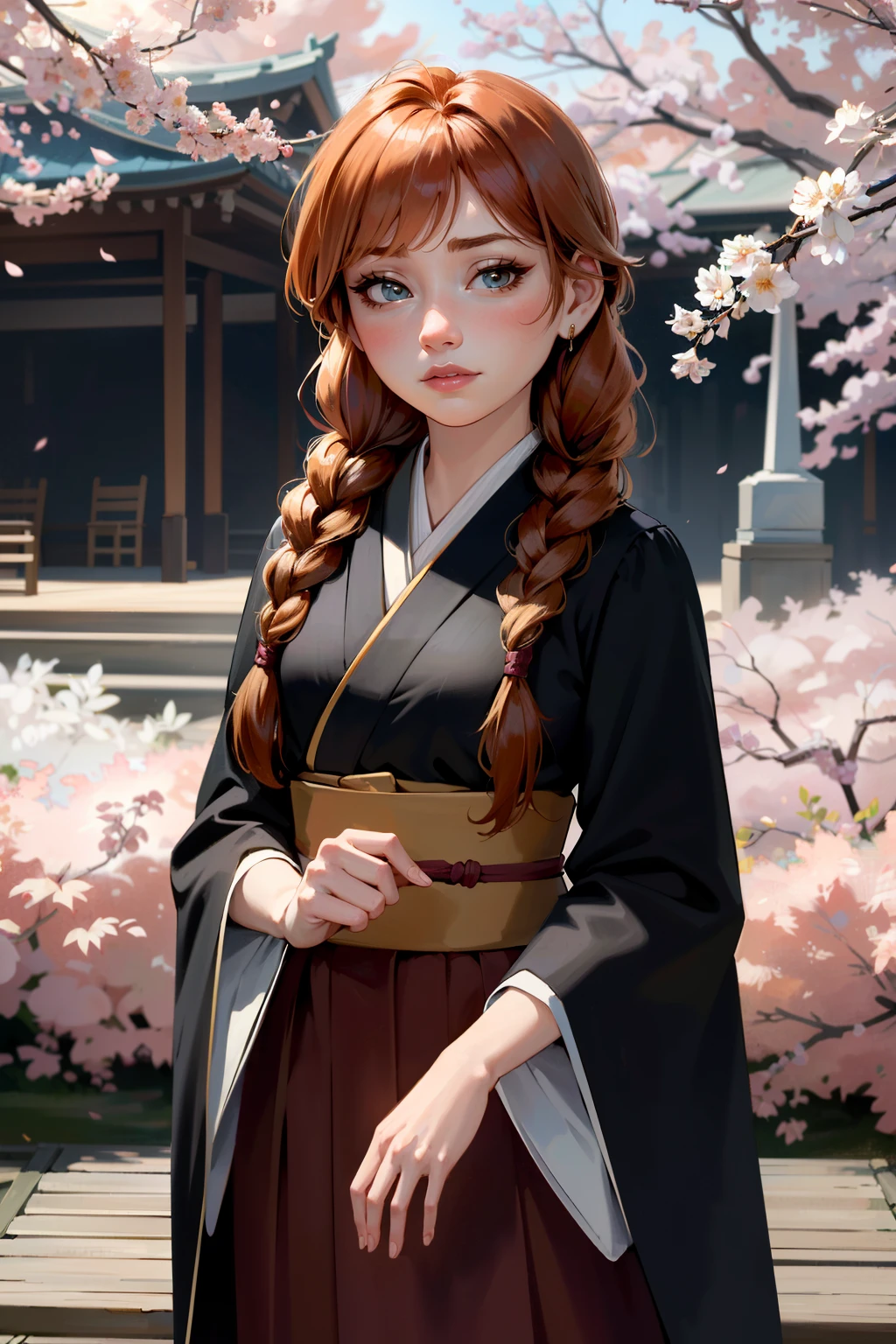 ((ultra detailed, masterpiece, absurdres))
 <lora:DisneyAnna:0.9>
DisneyAnna, 1girl, orange hair, twin braids, in a traditional kimono, surrounded by cherry blossoms