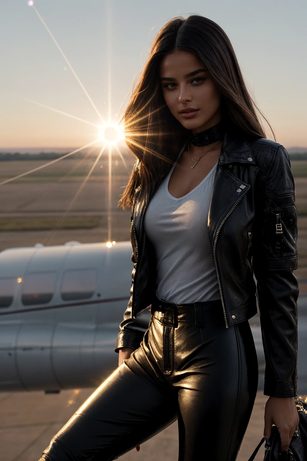 (CINEMATIC SHOT:1.4)(private airplane:1.4) Influencers Deluxe_Keira_Munroe (inside a private plane:1.5)((Photo Focus, DOF, Aperture, insanely detailed and intricate, character, hypermaximalist, elegant, ornate, beautiful, exotic, revealing, appealing, attractive, amative, hyper realistic, super detailed, (lens flare:1.1) heresy flares)) <lora:more_details:0.35> (wearing leather pants and Jacket:1.4) (sexy:1.5)