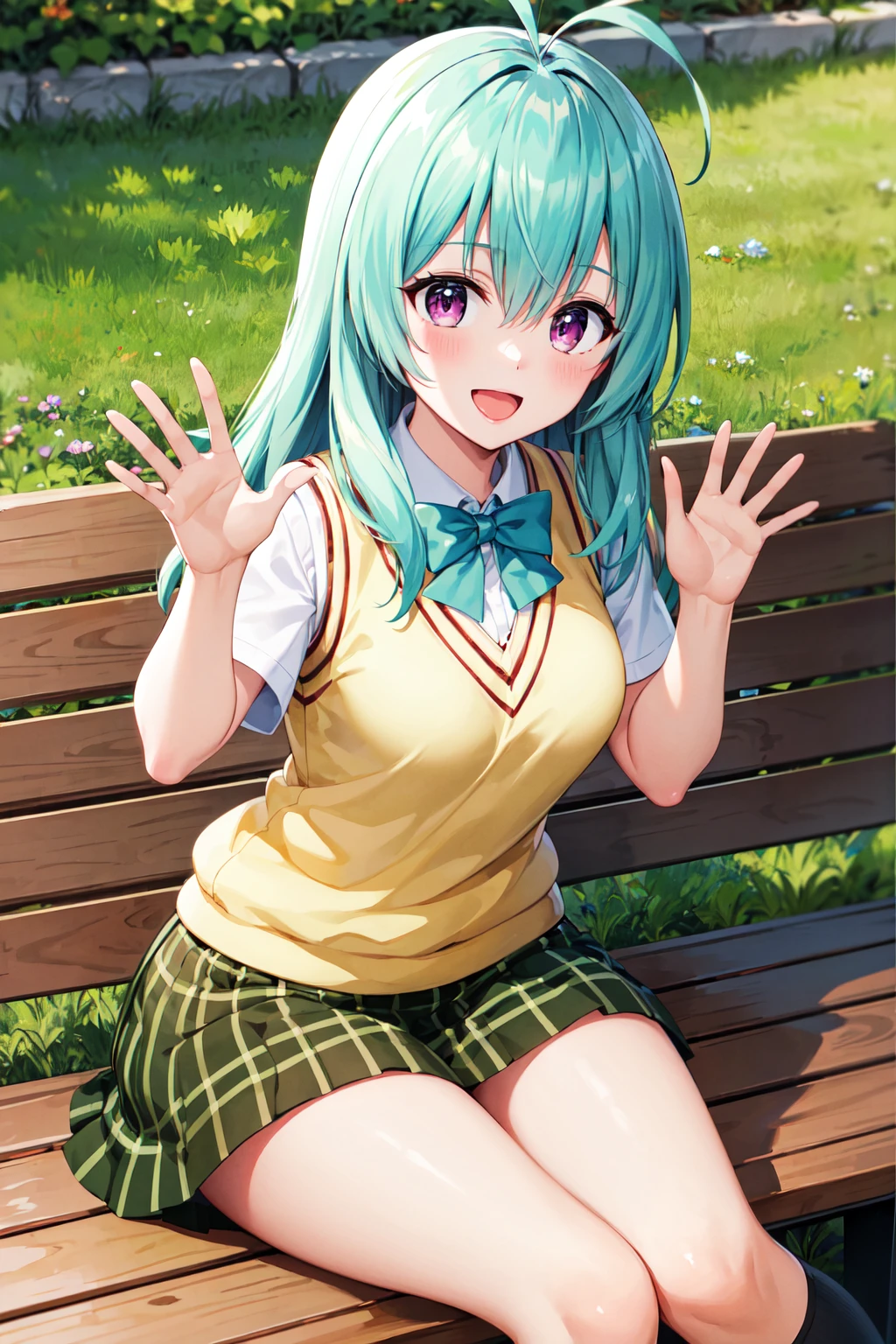 masterpiece, best quality, ultra-high-detailed,  holding hands, 1girl, 1boy, cowgirl position, sex, vaginal, girl on top, pov, straddling,  Mion Sonozaki, green hair, green eyes, ponytail, white shirt, red necktie, (yellow vest), red skirt,